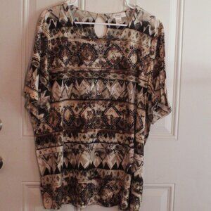 CJ Banks Short Sleeved Top Brown Tan Rhinestone Embellishments on Front Size 3X